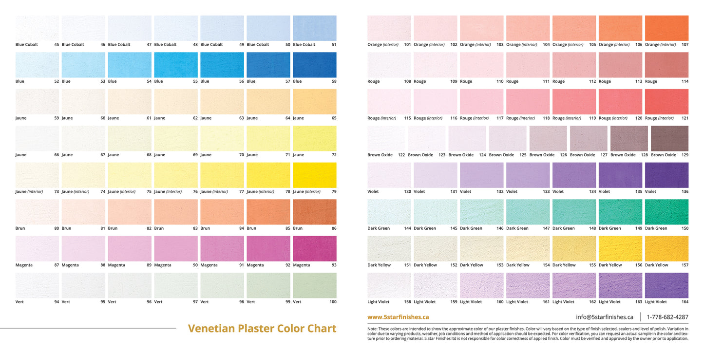 Decorative Venetian Plaster and Microcement Color Chart - 5 Star Finishes Ltd